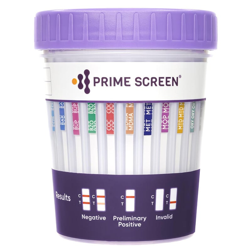 Prime Screen Drug Test Cup 18 Panel Kit (AMP,BAR,BUP,BZO,COC,mAMP,MDMA,MOP,MTD,OXY,PCP,TCA,THC, ETG, FTY, TRA, K2,TRA100) -[25 Pack]-CDOA-S1185EFTKK - Image 1
